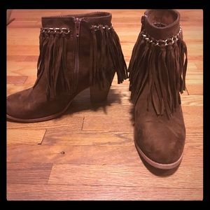 Tan fringe booties